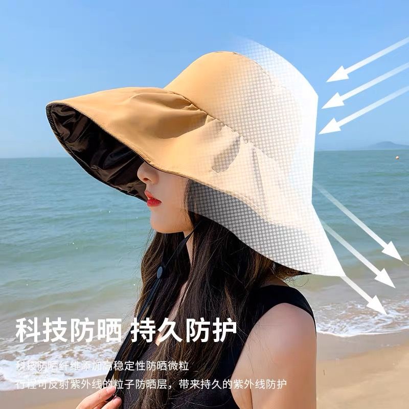 空顶遮阳帽女夏季防紫外线帽子可折叠渔夫帽黑胶防晒帽遮脸太阳帽