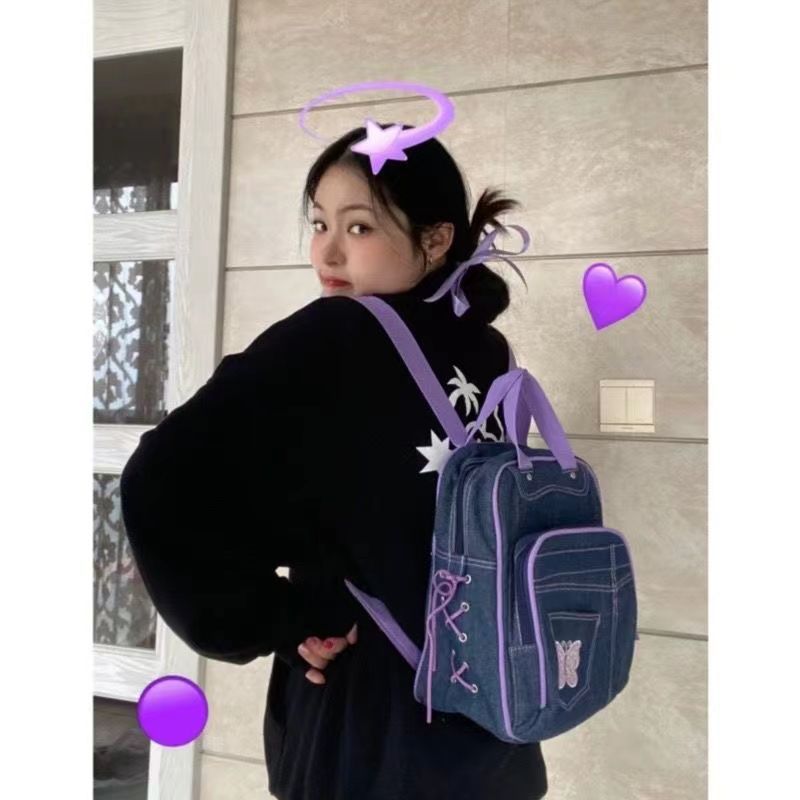 自製蝴蝶牛仔雙肩包2023新款深藍蝴蝶印花簡約女士雙肩背包