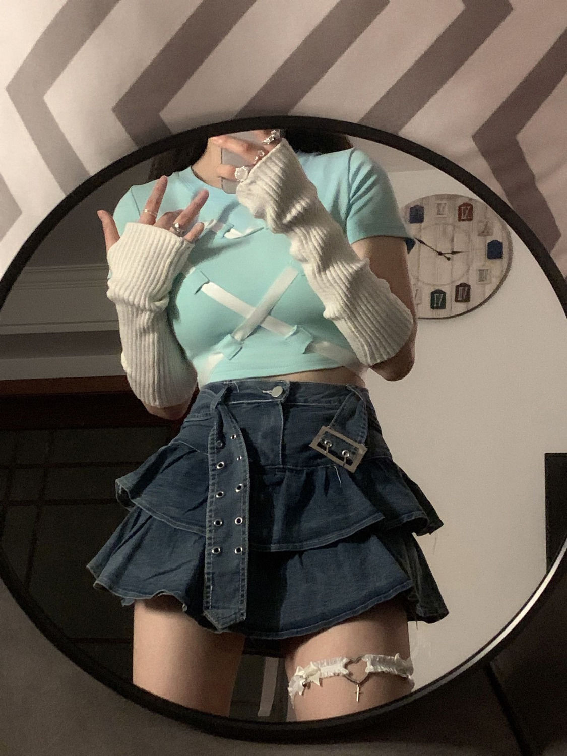 A-line summer new hot girl denim pleated skirt women's double-layer ruffled edge anti-exposure high-waisted cake short skirt