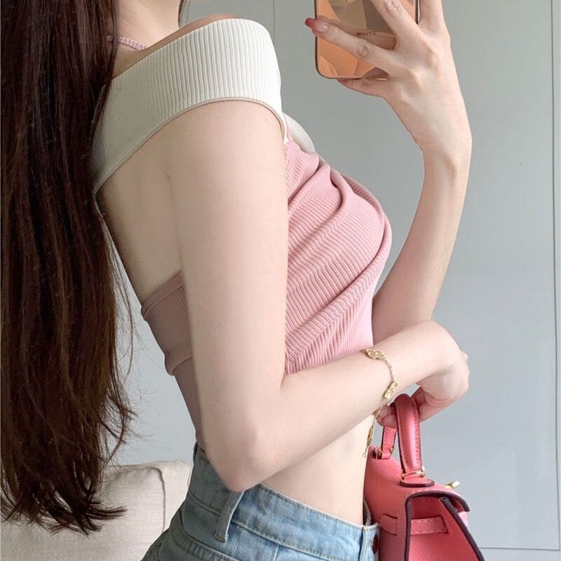 Xiaoxiangfeng high-end tight-fitting halter neck short t-shirt ladies fashion one-word collar off-shoulder collarbone thin top summer