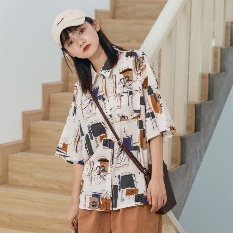 Grigio top design niche women's shirt short-sleeved summer new Korean style loose student printed shirt