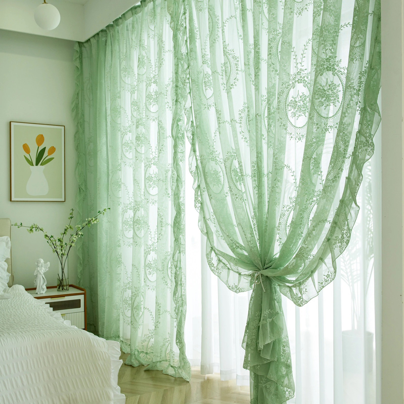 French Lace window curtains shading Simplicity The new bedroom a living room French window Double cloth yarn one Light luxury wind Gauze