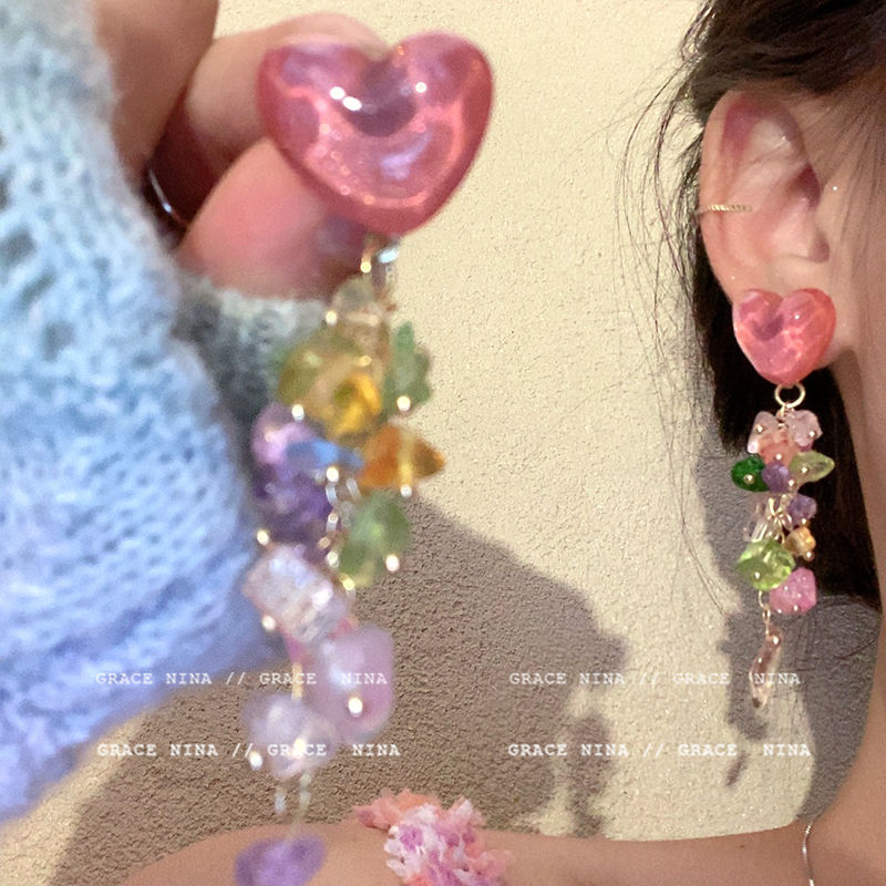是春夏的顏色~愛心碎石流蘇耳釘女小眾設計感耳環ins氣質甜美耳飾