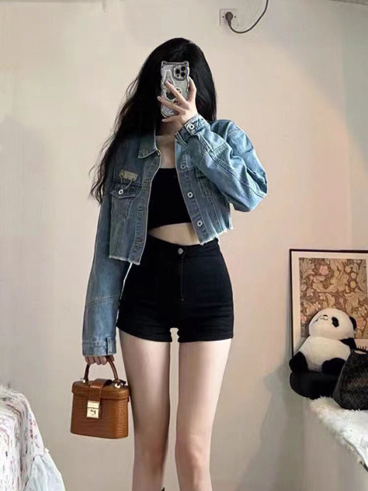 夏季新款辣妹緊身牛仔短褲女大碼胖mm高腰顯瘦彈力包臀A字熱褲子