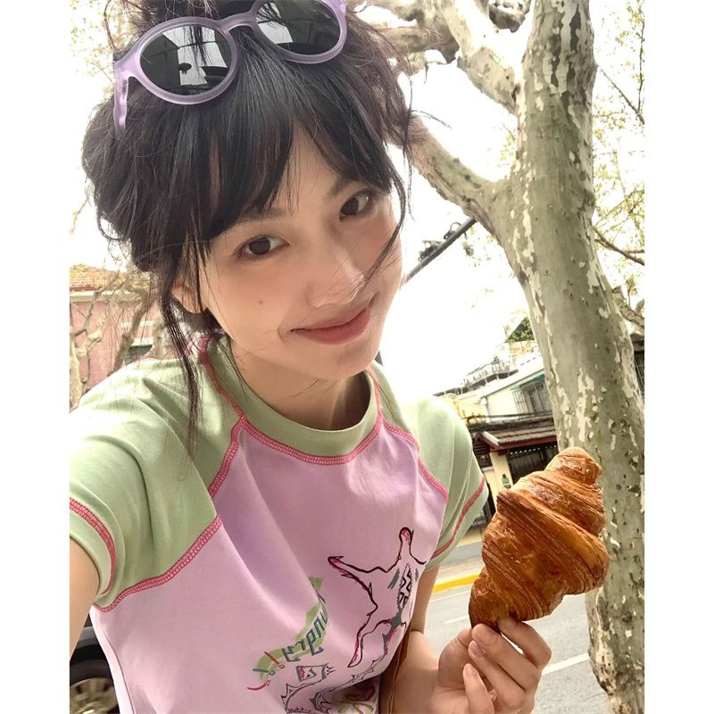 Pure cotton contrasting color raglan shoulders self-cultivation regular style American retro top line design short-sleeved female summer student top trend