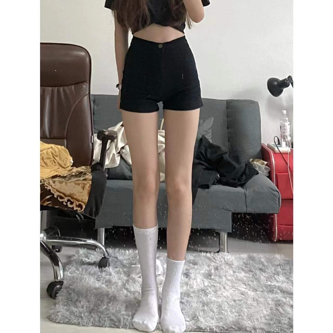 大碼辣妹牛仔褲女2023年夏季新款胖mm高腰修身黑色熱褲直筒短褲子