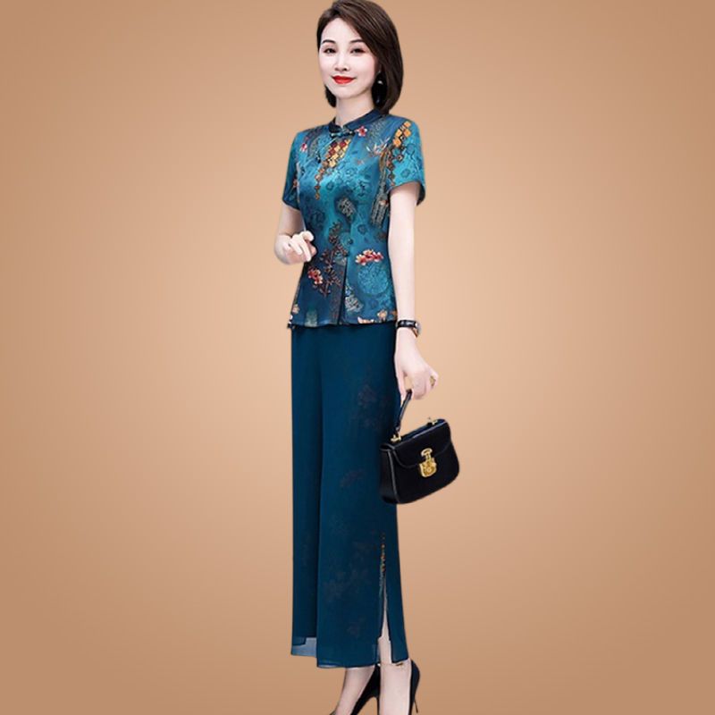 旗袍套裝女夏裝媽媽短袖貴夫人時尚洋氣時髦闊太太遮肉顯瘦兩件套
