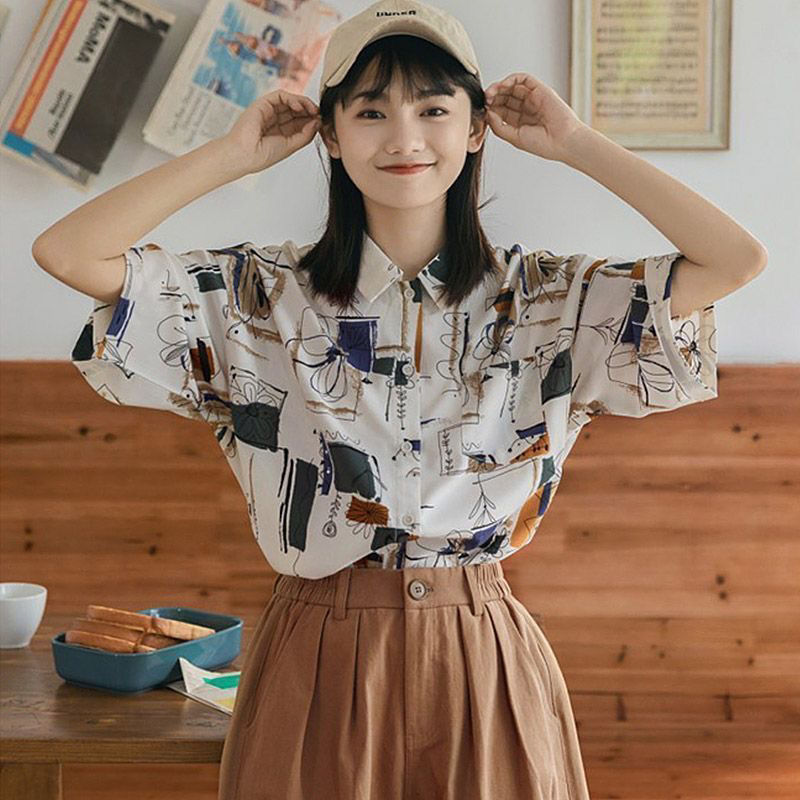 Grigio top design niche women's shirt short-sleeved summer new Korean style loose student printed shirt