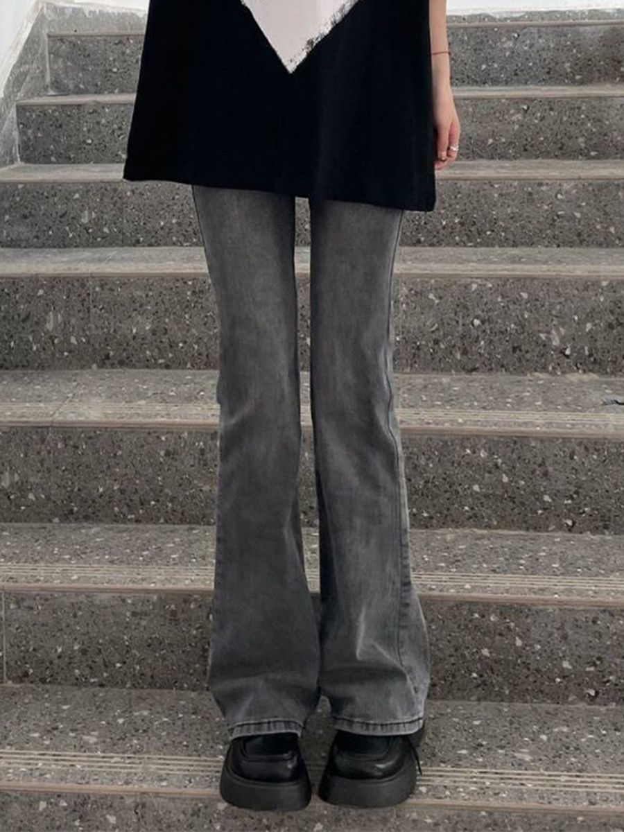 大碼胖mm港風微喇牛仔褲女2023春季新款高街高腰顯瘦直筒拖地褲子