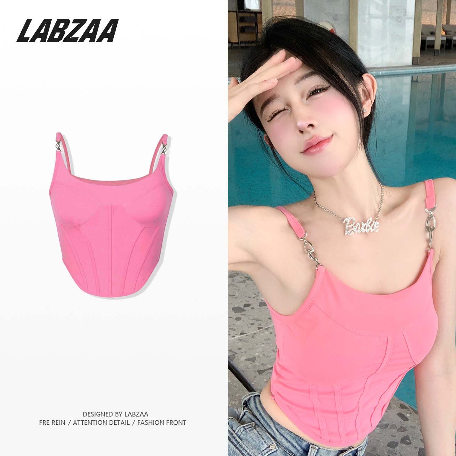 LABZAA純欲風粉色魚骨吊帶背心女夏季修身設計感小眾性感短款上衣