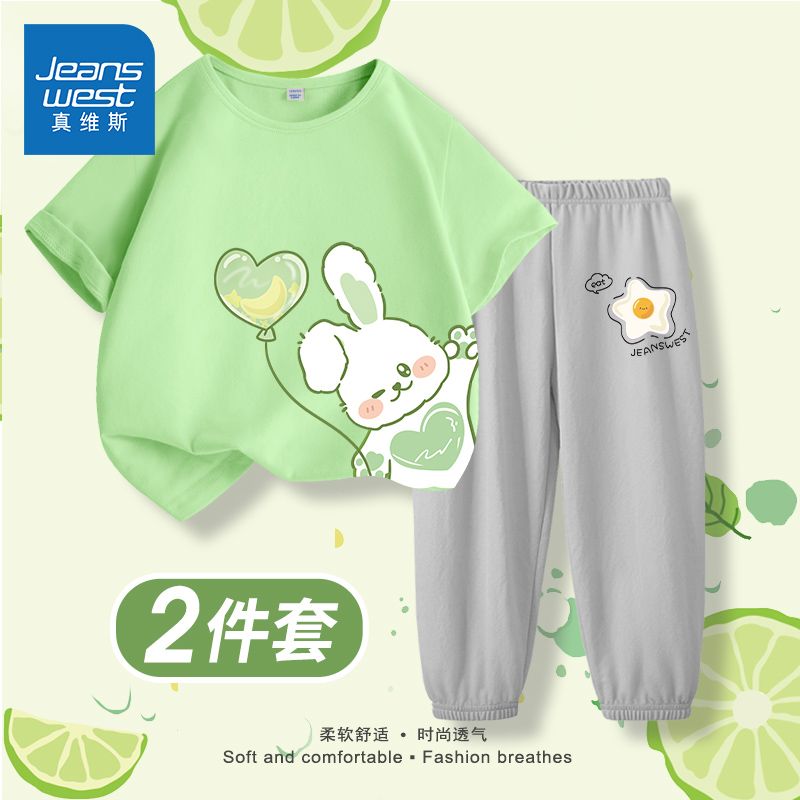 Jeanswest girls short-sleeved suit big children's summer cotton short-sleeved t-shirt children's thin section foreign style summer two-piece set