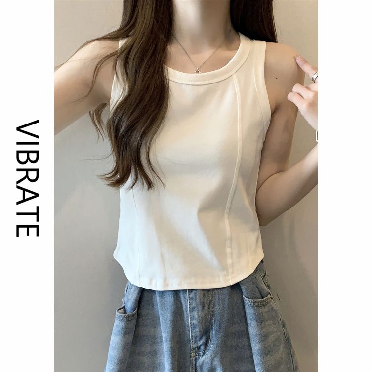 VIBRATE新款白色U領打底吊帶背心收腰顯瘦無袖上衣女設計感小眾