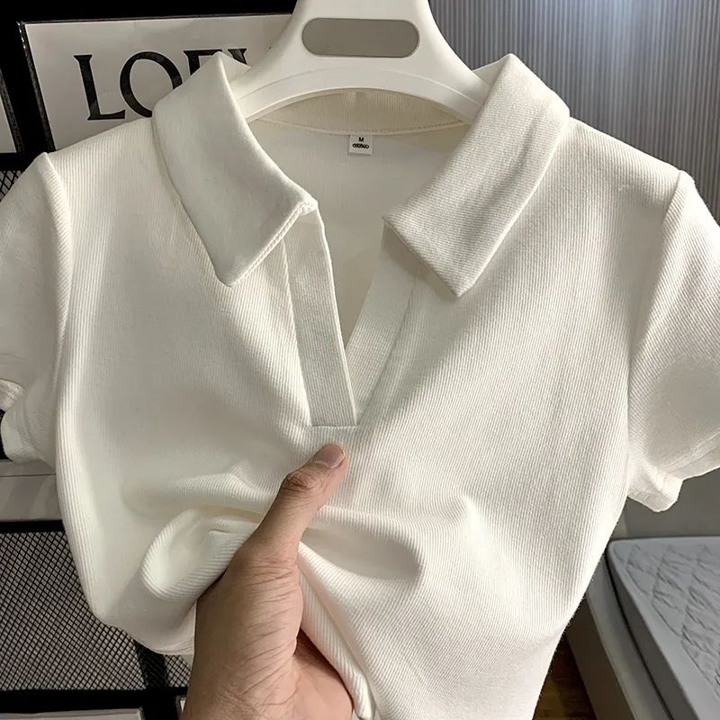 純欲風螺紋正肩短袖T恤小個子短款polo衫女夏季修身顯瘦辣妹上衣
