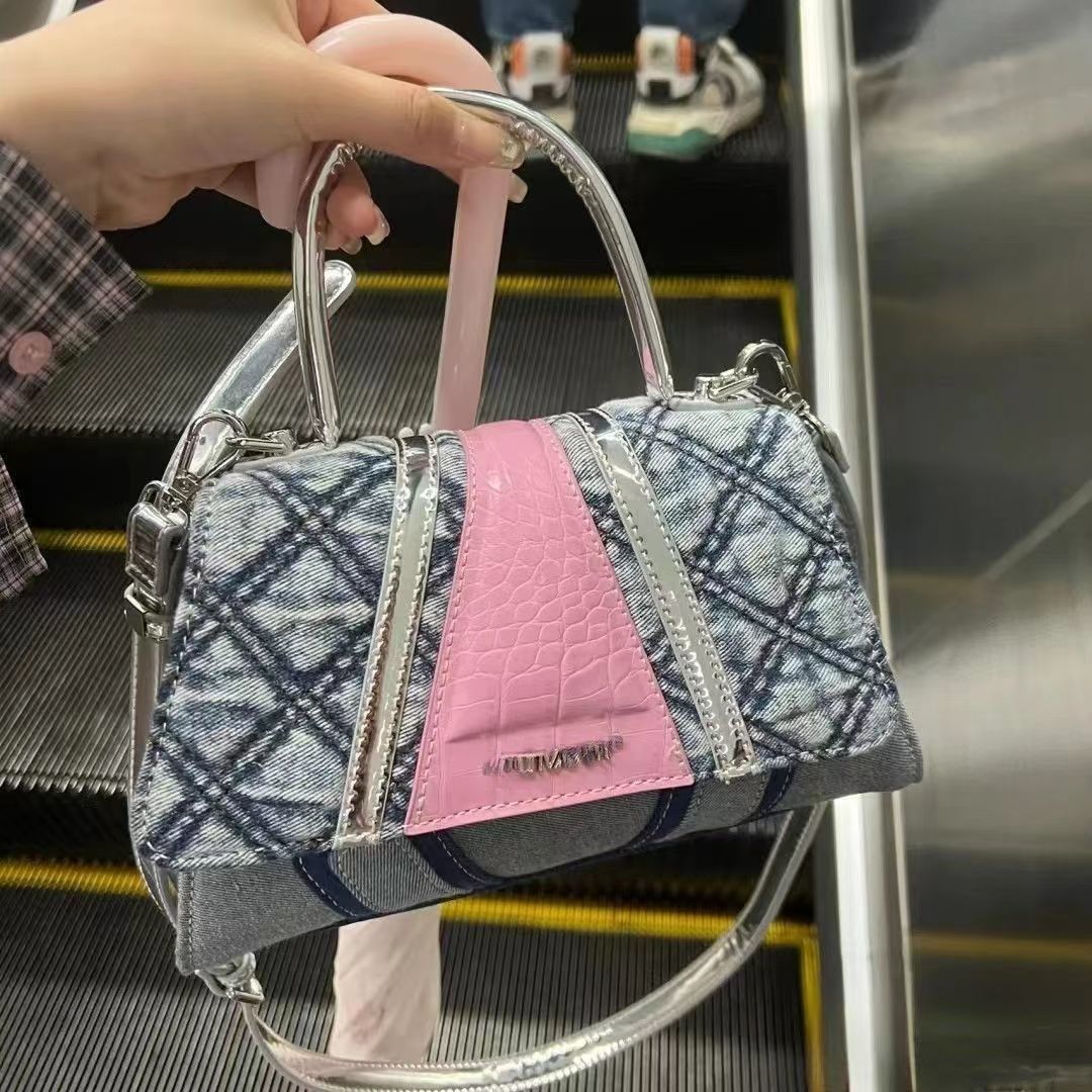CuDXltvarr原創潮流小眾歐美水洗做舊拼接牛仔斜挎單肩手提包女新