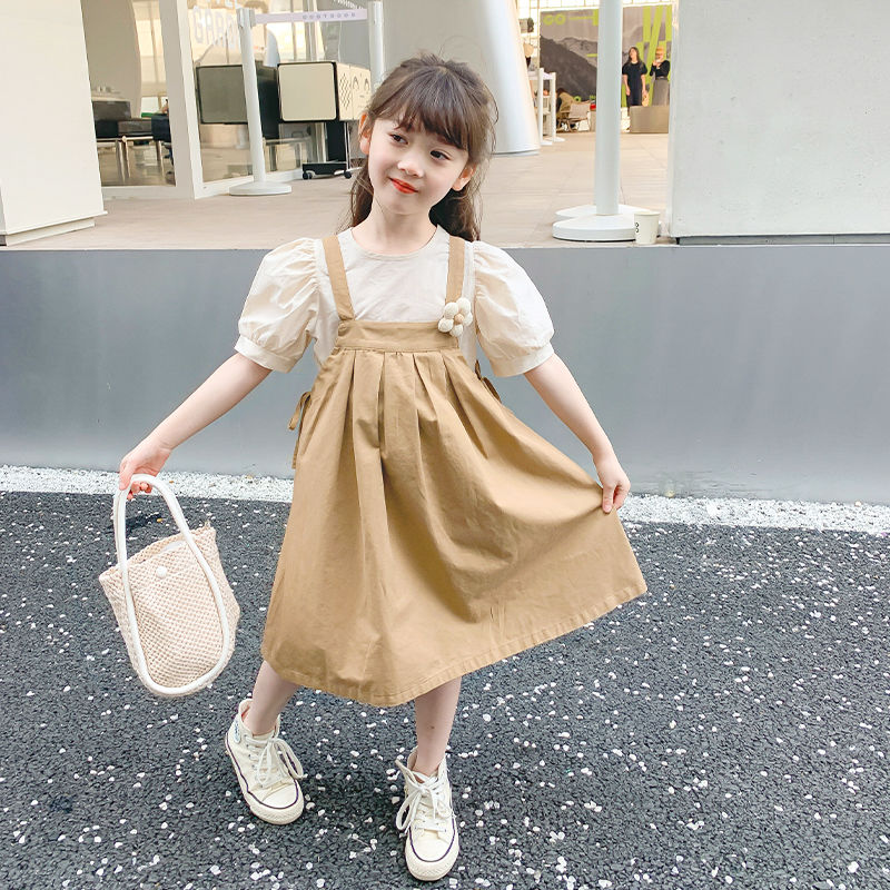 女童連衣裙夏裝2023新款洋氣兒童夏季背帶裙套裝女寶寶裙子兩件套