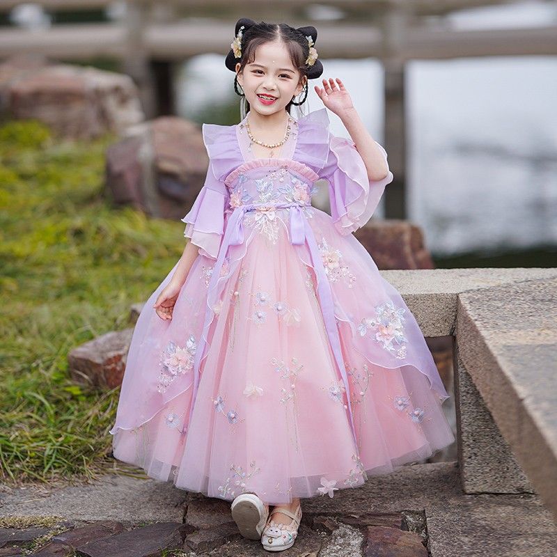 漢服女童古風古裝超仙女粉色2023新款夏季唐裝裙子兒童夏裝襦裙夏