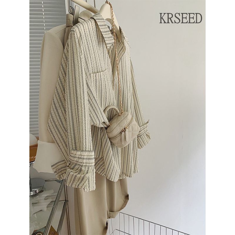 KRSEED日系復古條紋襯衫女春夏季正肩襯衣外套設計感小眾法式上衣