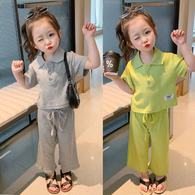 女童夏季坑條套裝新款中小童裝女孩兩件套網紅女寶寶時髦洋氣夏裝