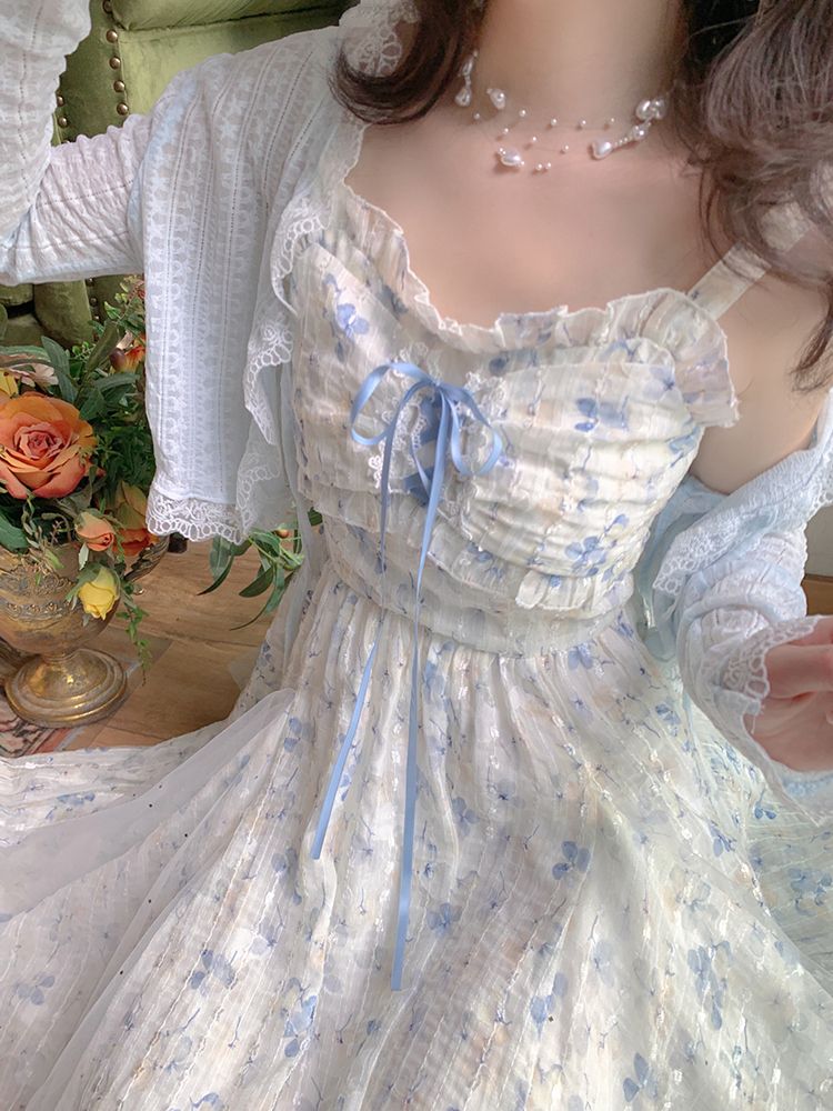 大碼女裝森系仙女裙吊帶連衣裙套裝女薄款蕾絲開衫顯瘦裙子兩件套