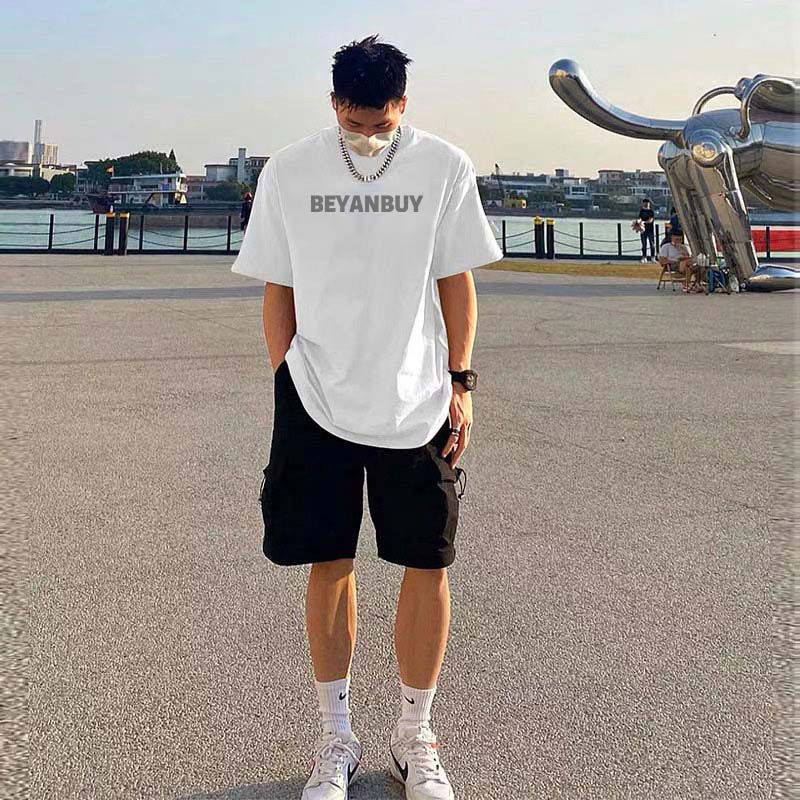 100%純棉美式白色短袖T恤男夏季2023新款潮牌字母印花寬鬆上衣男