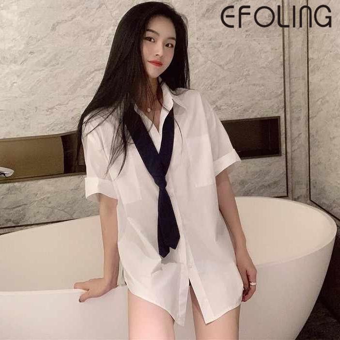 EFOLONG日系制服領帶白色襯衫女夏新款中長款短袖設計感小眾襯衣