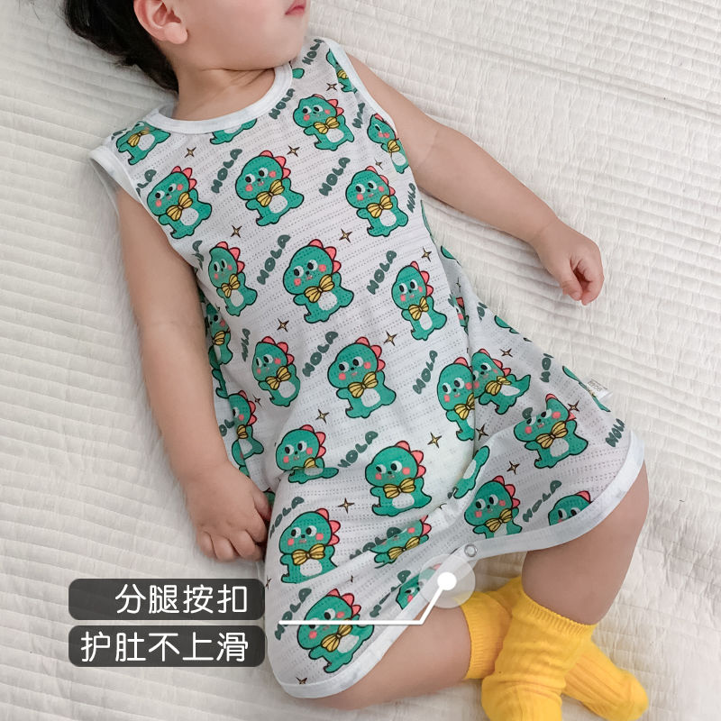 夏季宝宝竹纤维无袖连体睡衣男女童卡通恐龙薄背心儿童睡袍防着凉