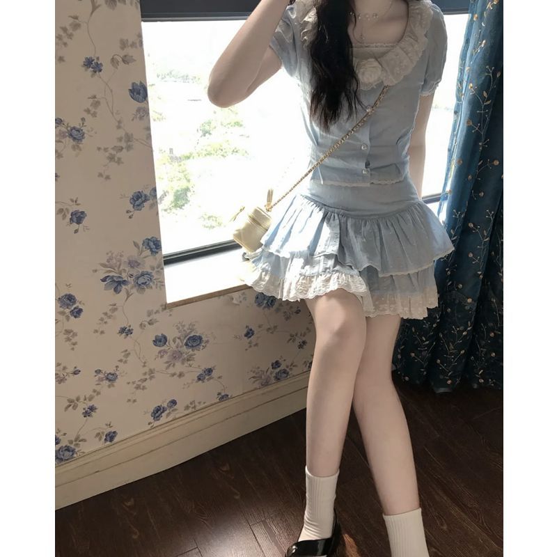 套裝女2023夏季新款甜辣設計感baby藍短款上衣辣妹高腰顯瘦半身裙