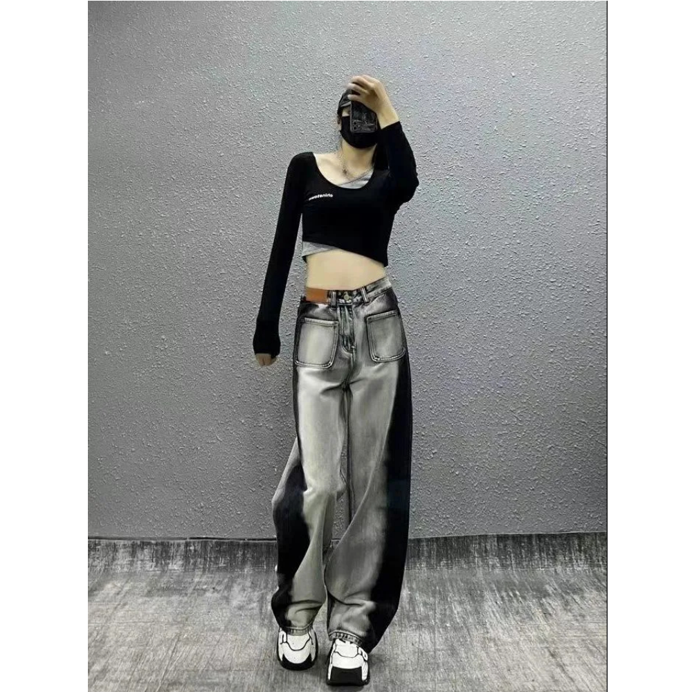 美式復古修容設計感漸變撞色牛仔褲女寬鬆顯瘦直筒拖地闊腿褲子潮