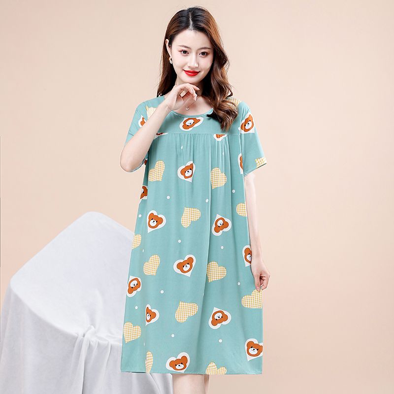 Cotton silk nightdress women's summer new artificial cotton mid-length pajamas dress middle-aged mother's thin section large size home service