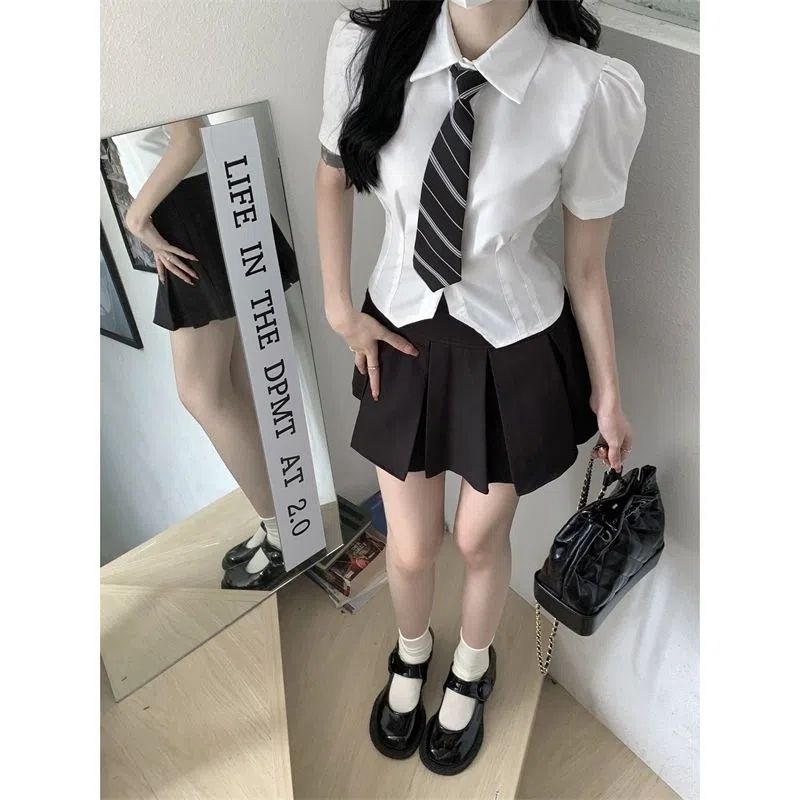 白色短袖襯衫夏季新款學院風純欲辣妹短款套裝女高腰百褶裙短裙