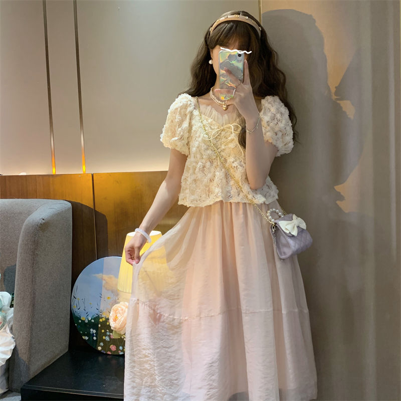 大碼顯瘦甜美蕾絲立體花朵設計感上衣蓬蓬紗裙半身裙兩件套套裝女