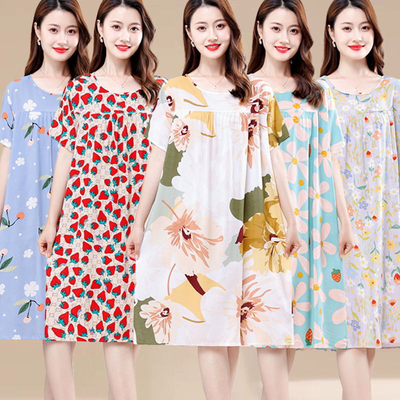 Cotton silk nightdress women's summer new artificial cotton mid-length pajamas dress middle-aged mother's thin section large size home service