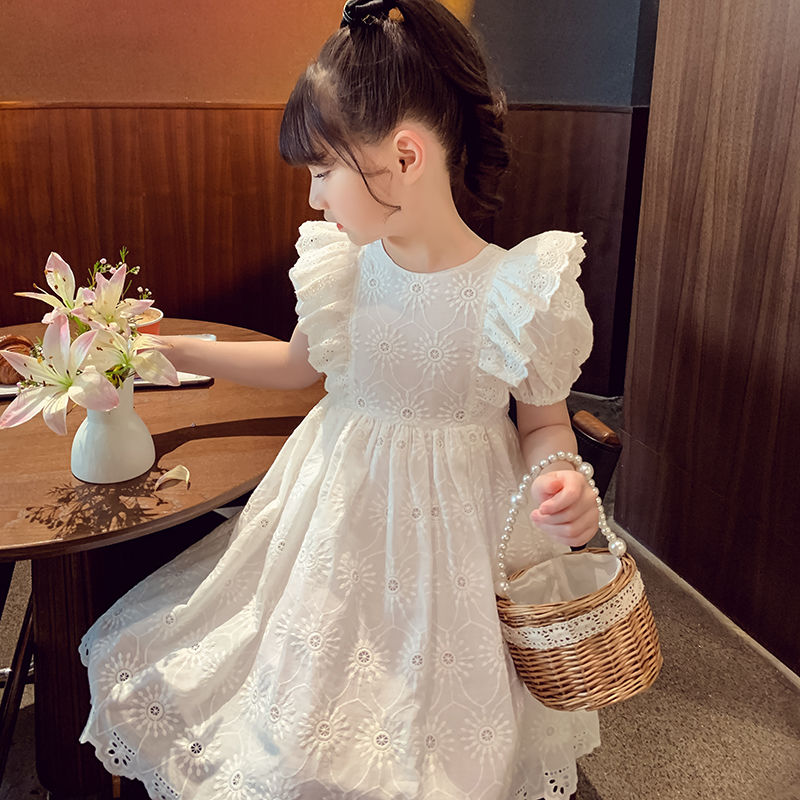 女童连衣裙夏装2023新款小女孩白色棉布裙子洋气儿童泡泡袖公主裙
