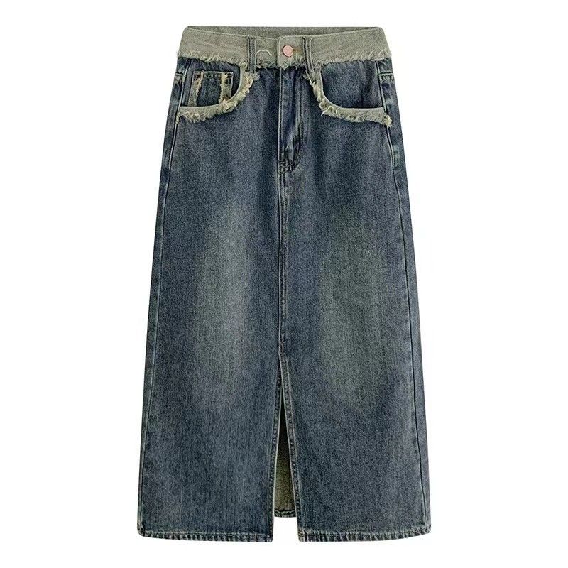 Large size fat mm size high waist retro slit raw edge denim skirt female 2023 summer hot girl bag hip skirt ins