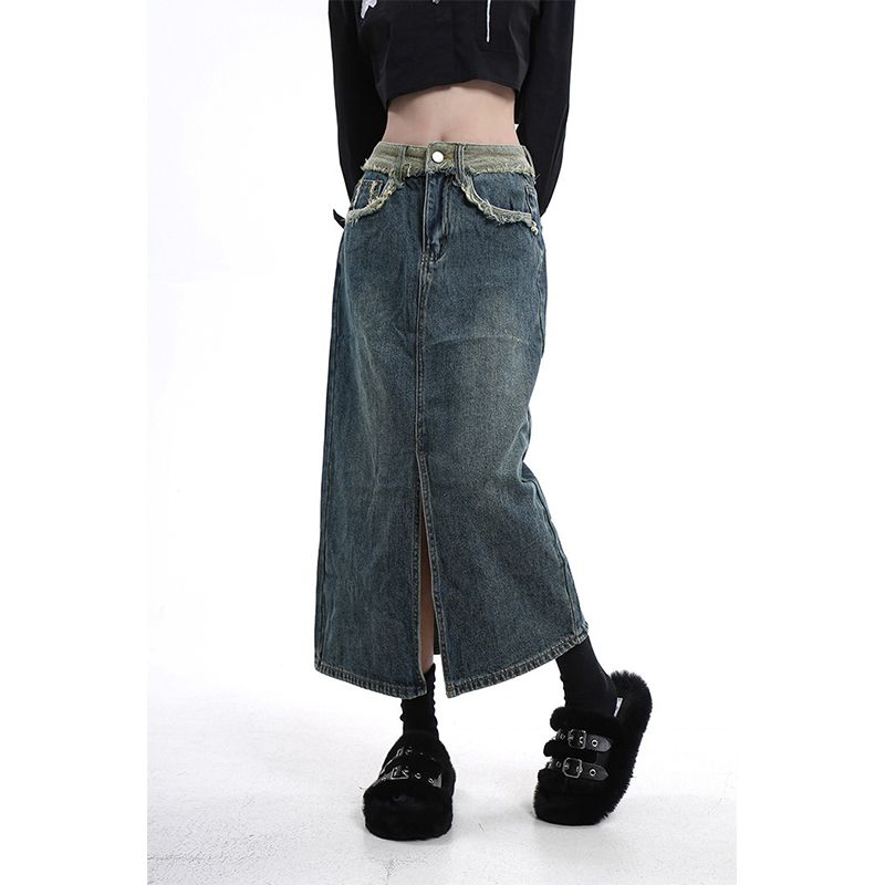 Large size fat mm size high waist retro slit raw edge denim skirt female 2023 summer hot girl bag hip skirt ins