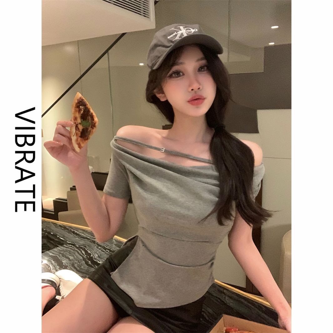 VIBRATE pure desire bottoming shirt unique one-word collar slit chic design sense niche tight short-sleeved top ins