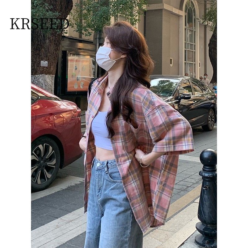 KRSEED格子襯衫女oversize夏季寬鬆短袖襯衣撞色上衣日系復古外套