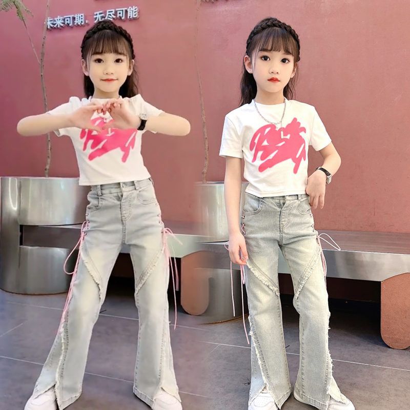 女童夏季短袖套裝2023新款兒童夏裝t恤牛仔褲洋氣網紅爆款韓范潮