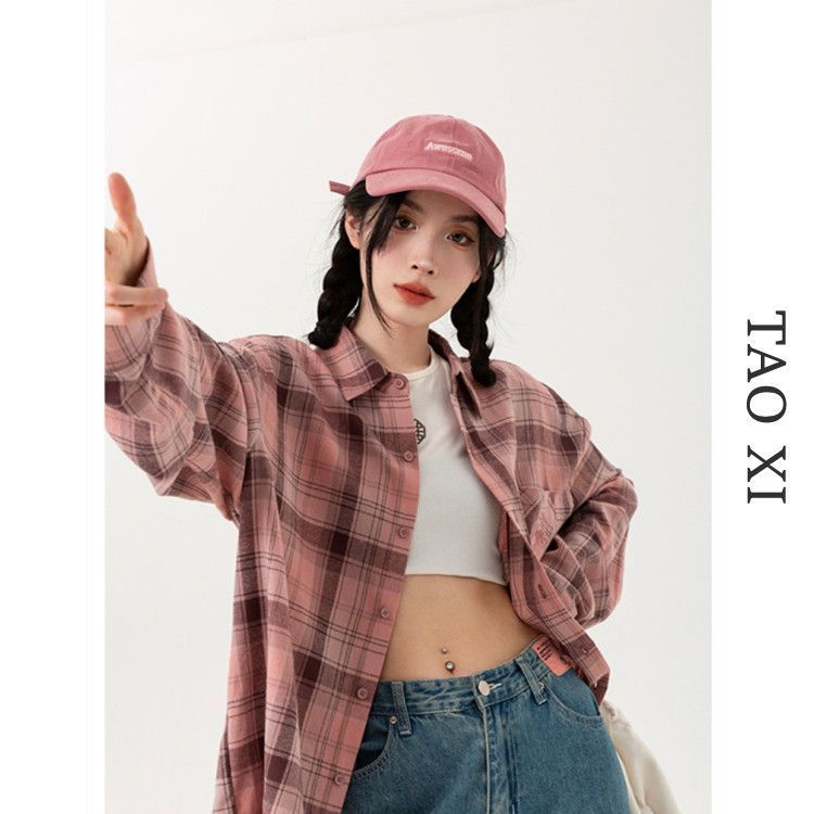 Noisy home plaid shirt women's early spring and autumn style casual niche design sense retro lazy wind jacket top