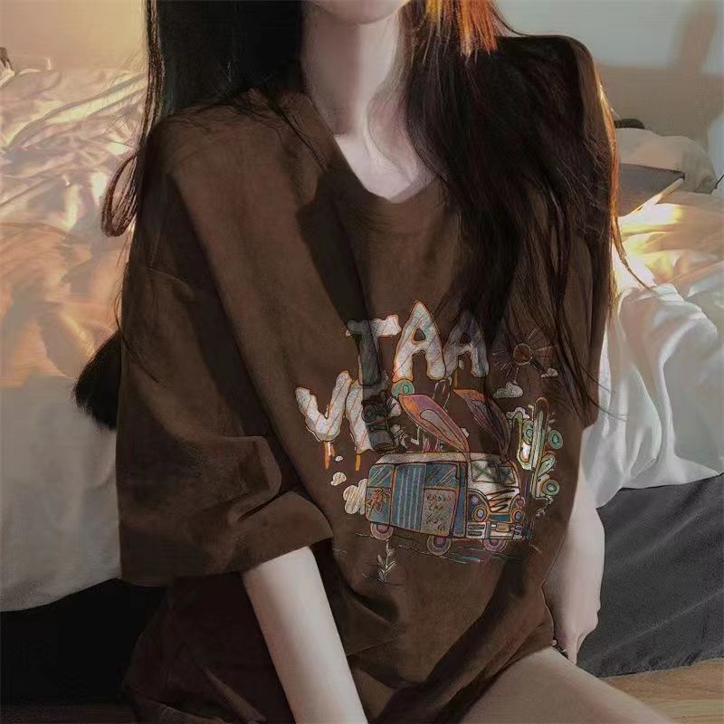 100%純棉棕色丅恤短袖女夏季新款美式oversize寬鬆高街圓領上衣潮