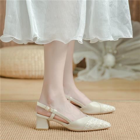 Small fragrant wind gentle pointed toe single shoes women 2023 spring new back empty thick heel high heels medium heel Baotou sandals women