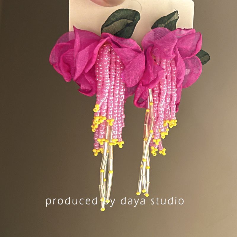 Falling into the Sea of ​​Flowers Chiffon Flower Tassel Earrings with Atmospheric Chiffon High-end Niche Design Immortal Retro Earrings