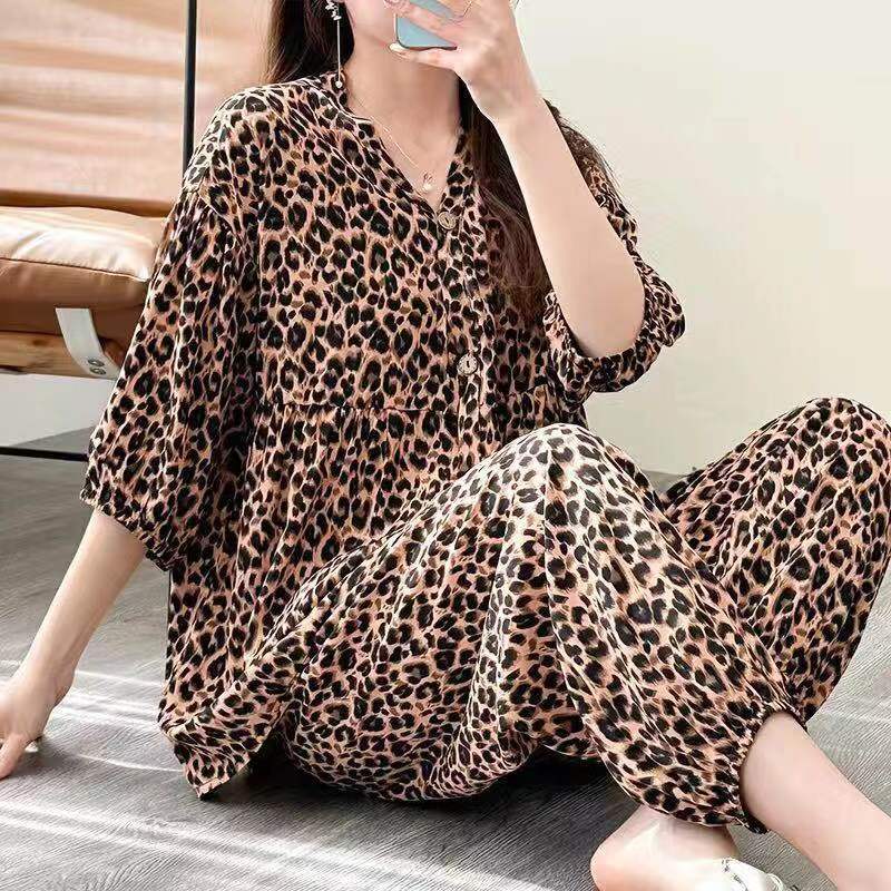 [100% cotton silk] spring and summer new cotton silk pajamas women's loose large size three-quarter sleeve trousers home service suit