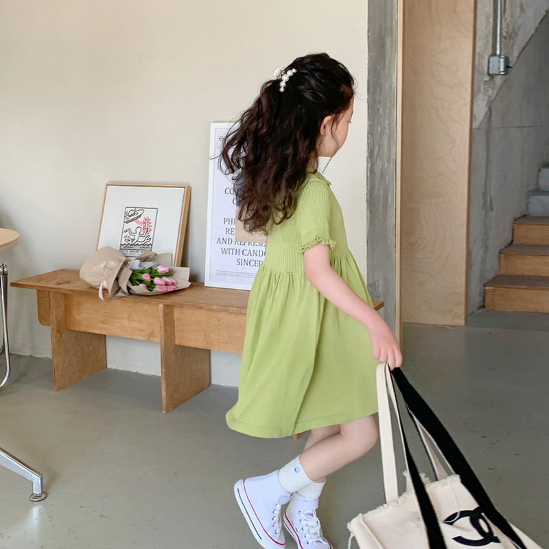 Girls summer dress new foreign style children's short-sleeved knitted cotton Korean fashion solid color POLO shirt princess dress