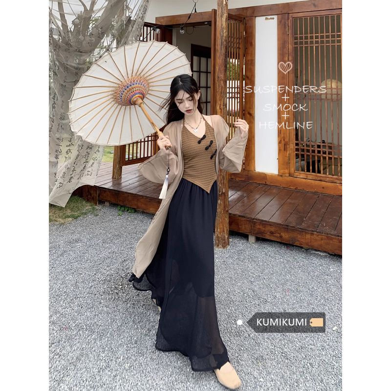 大碼女裝夏季套裝2023新款新中式國風長款開衫吊帶半身裙三件套