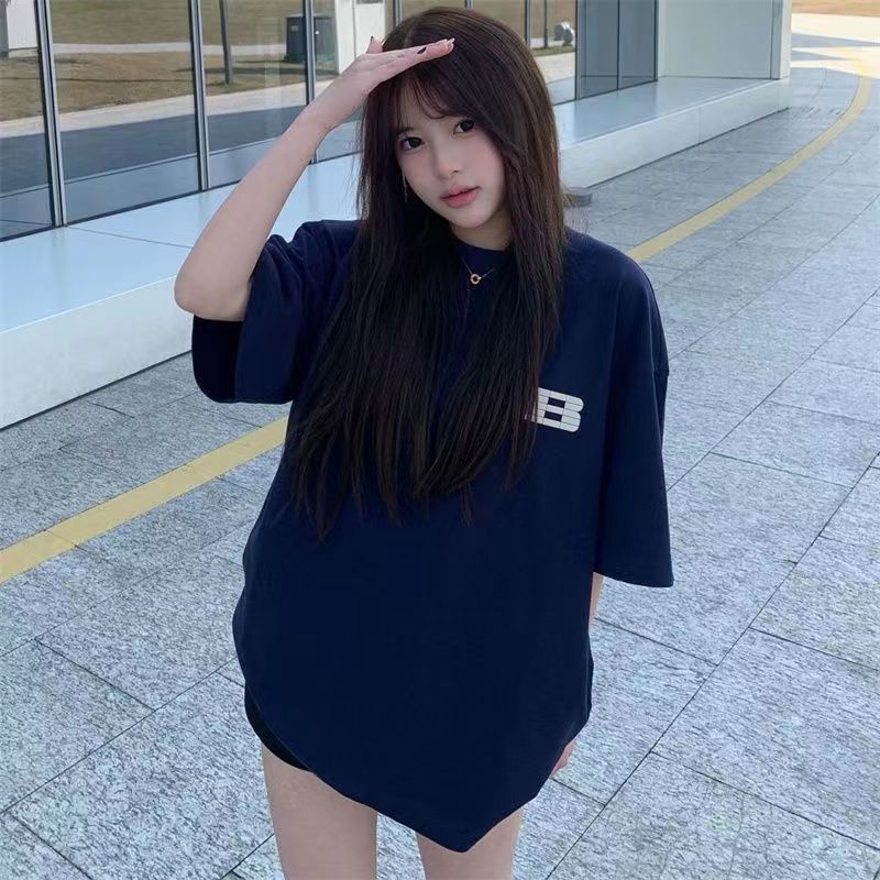 100%純棉藏青色潮流印花短袖T恤女夏季中長款BF寬鬆學生ins上衣潮