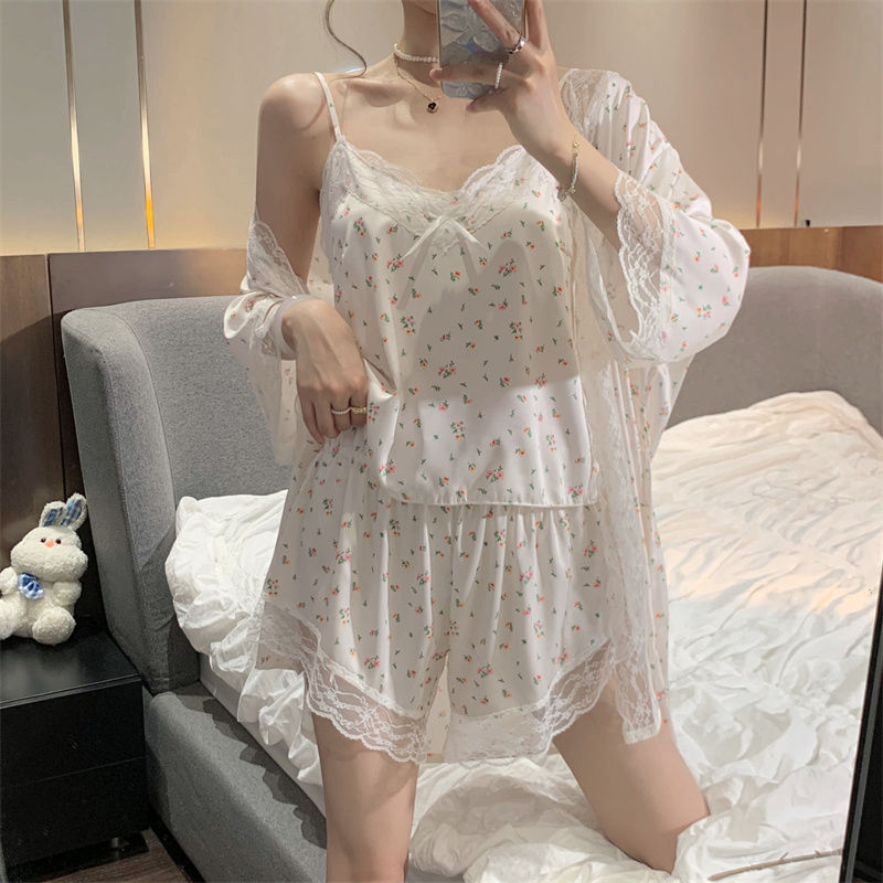 Ice silk pajamas women's summer net red lace suspenders shorts three-piece set high-end beauty girl home clothes sweet style