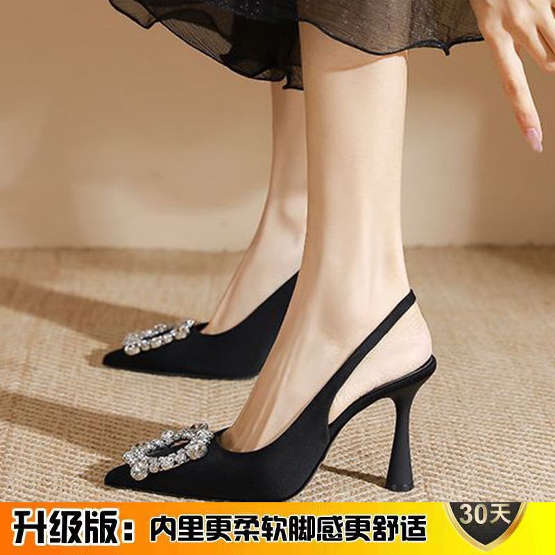 Black pointed high-heeled single shoes women's buckle rhinestone 2023 spring and autumn new side empty stiletto small ck high-heeled shoes