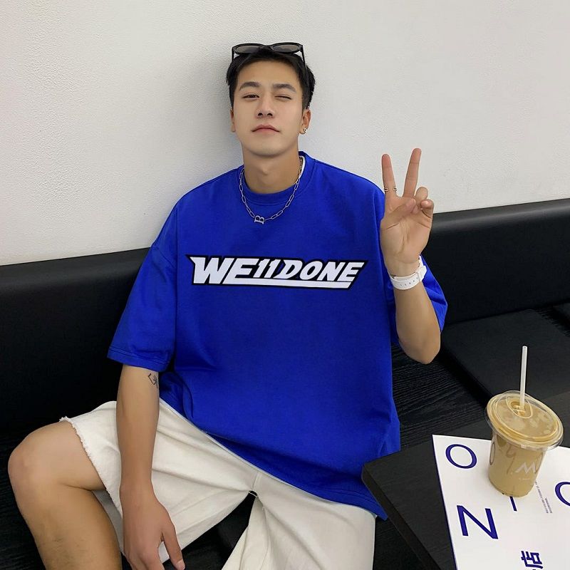 夏季新款潮男短袖藍色上衣圓領落肩寬鬆重磅純棉t恤男士半袖體恤