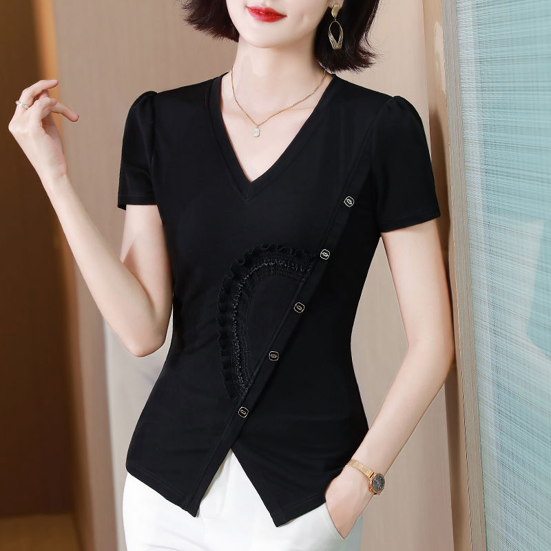 Short-sleeved t-shirt women's 2023 new all-match design sense v-neck black top women's summer fashion slimming small shirt to cover belly